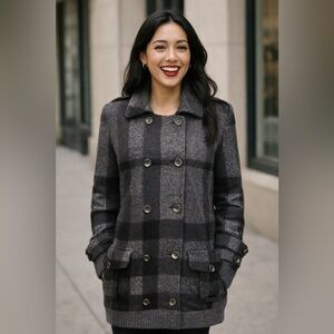 Burberry Brit Double Breasted Thick Wool Sweater Coat Gray Plaid Small Like New